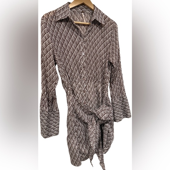 Free People 100% Cotton Gauze Rillo Mini Shirtdress XS Boho Tie Waist Earth Tone - Picture 4 of 11